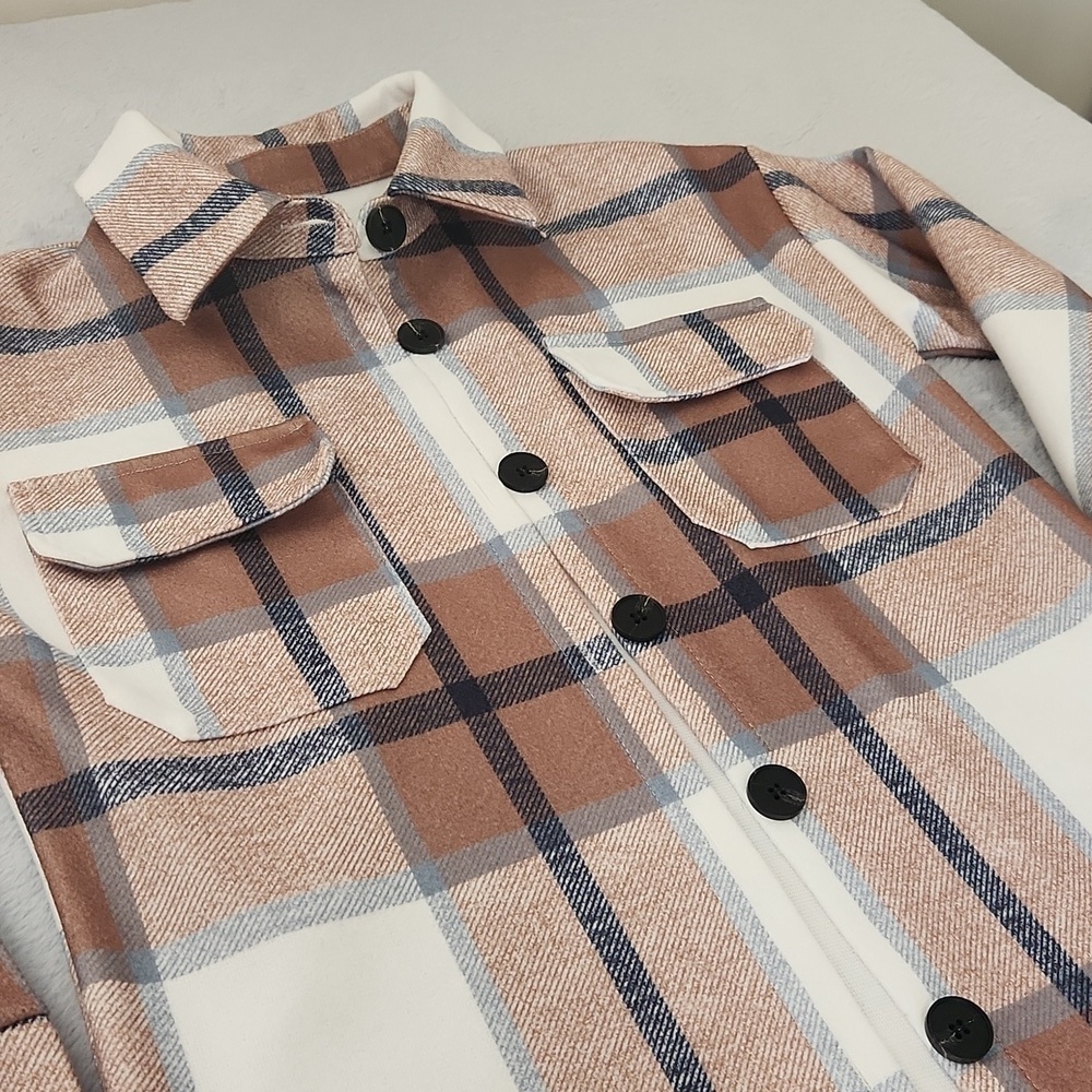 Women's Plaid Shacket Shirt Jacket Tan Cream Button Front Overshirt Lightweight - Picture 11 of 15